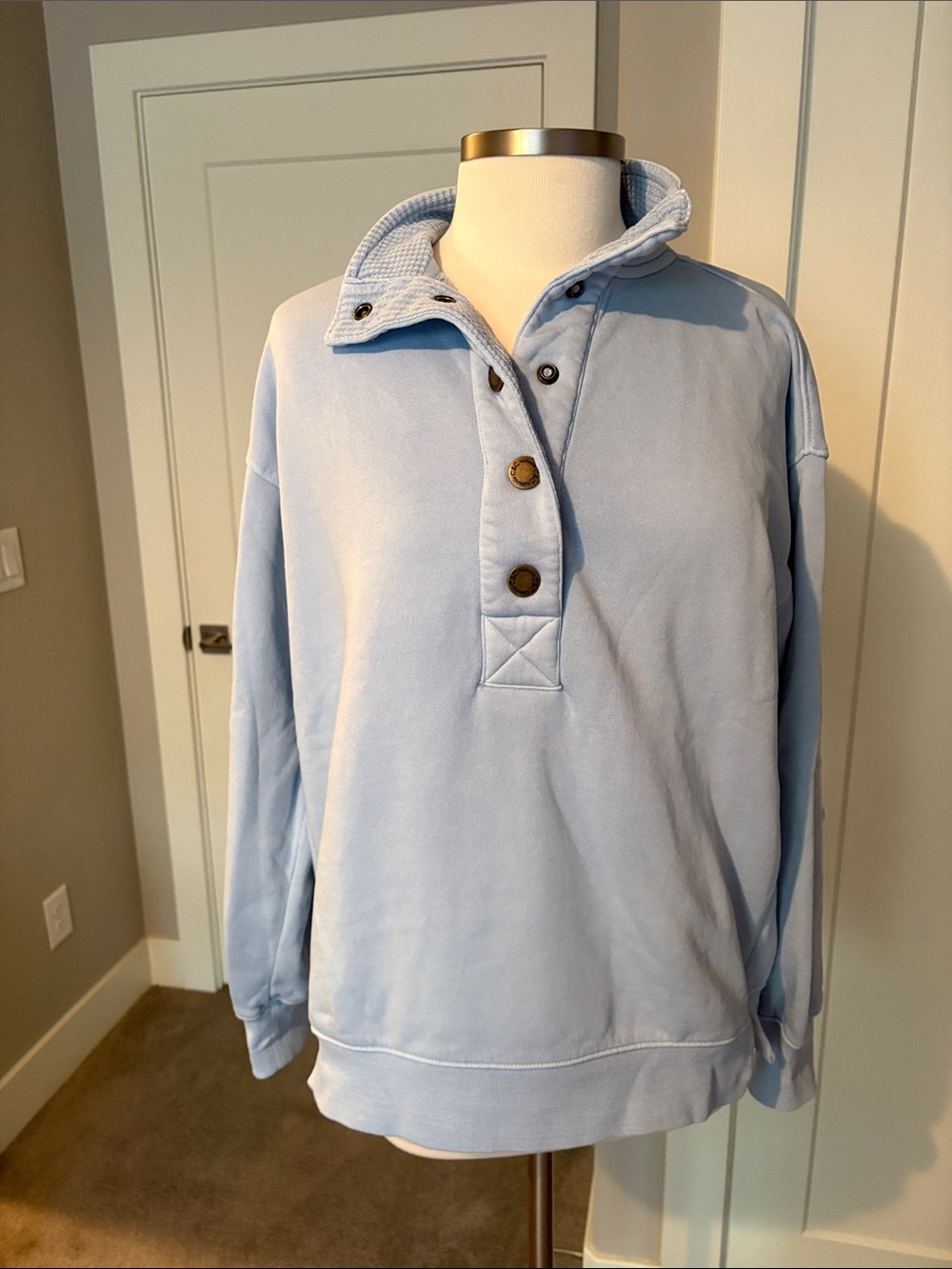 Light Blue Quarter-Snap Pullover Sweatshirt with waffle knit details